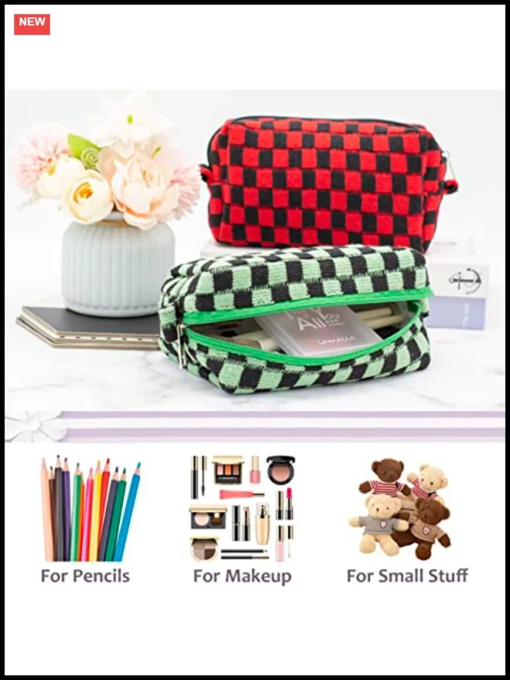Checkered Zipper Cosmetic Bag Travel Makeup Organizer Women Toiletry Pouch